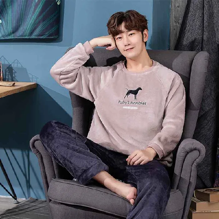 Flannel Pajamas Men Fall Winter Thicken To Increase Warmth Home Clothes O-neck Thick Mens Lounge Wear Conjuntos Masculinos