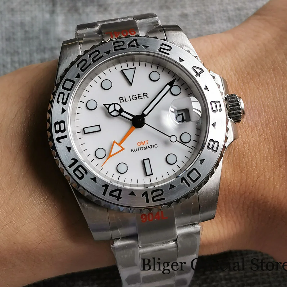 

BLIGER Brand White GMT 40mm Automatic Men Watch Steel Bezel Brushed Oyster Strap Sapphire Glass Screwdown Crown