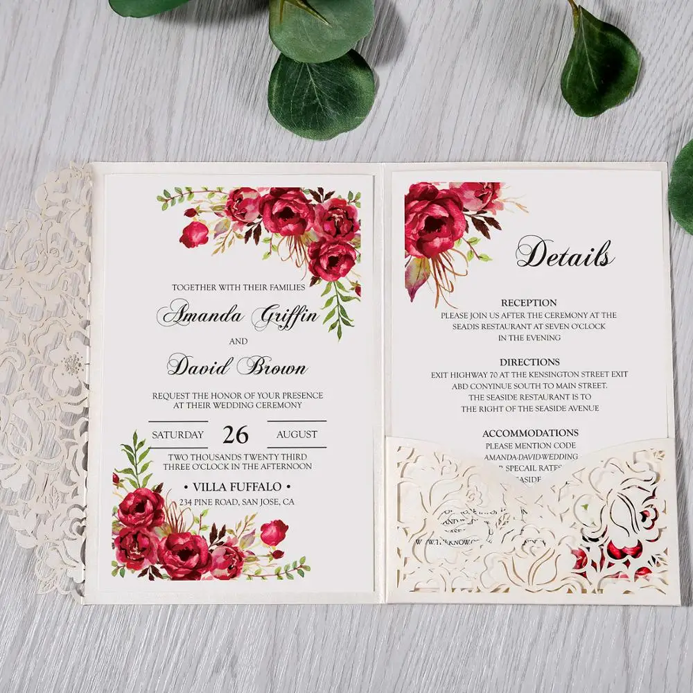 Белый лазерный разрез Цветочные карманные поздравительные карты с конвертом