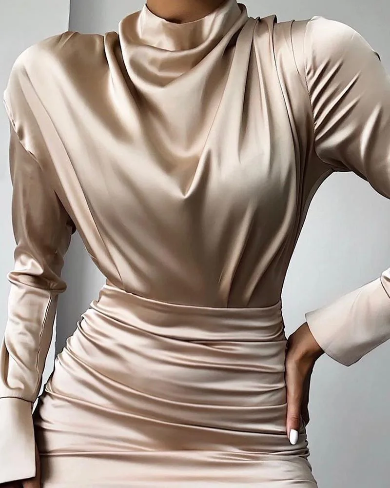 2019 короткое платье-футляр с воротником-стойкой и длинным рукавом женское