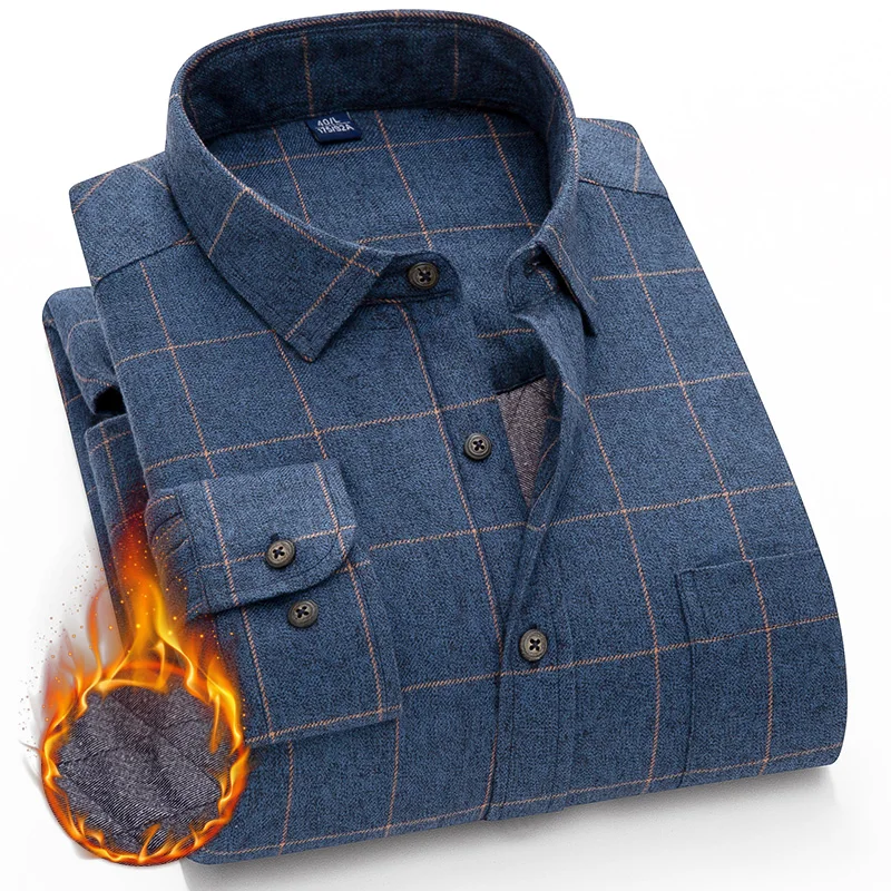 

Men's Cotton Warm Shirt Wool Liner Plaid Long Sleeve Men's Shirt S-4XL Winter Double Thick Single-breast Button Men's Shirt