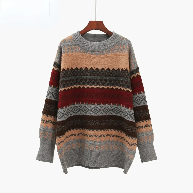 

Women Knitwear Striped Sweater Female Winter Knit Sweaters Loose Striped Pull Jumpers Korean Style Casual Top Argyle Pullover