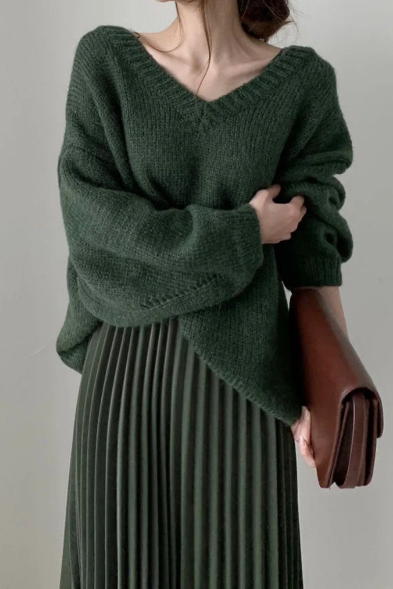 Женский трикотажный свитер с V-образным вырезом и юбка высокой талией | Женская