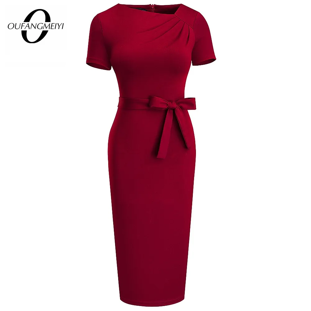 

Women Elegant Charming Solid Color Irregular Neckline Self-Tied Bow Lady Bodycon Pencil Dress 1EB617
