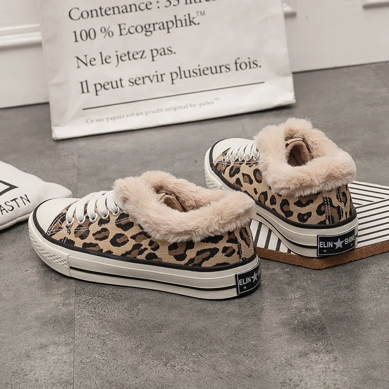 Winter New High Help Leopard Print Plus Velvet Canvas Shoes Female Wild Flat Cotton Women Casual Zapatos Mujer W24-35 | Обувь