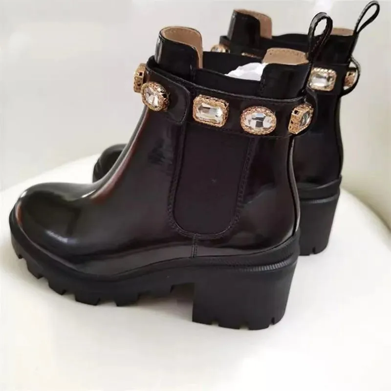 Women Non-Slip Short Boots Camouflage Tie-Dye Rhinestone Ankle Thick Heel High Round Toe Fashion Shoes | Обувь