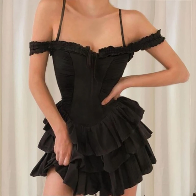 

Women Sexy Halter Ruffles Off Shoulder Mini Dress Lace-Up Layered Swing Sundress