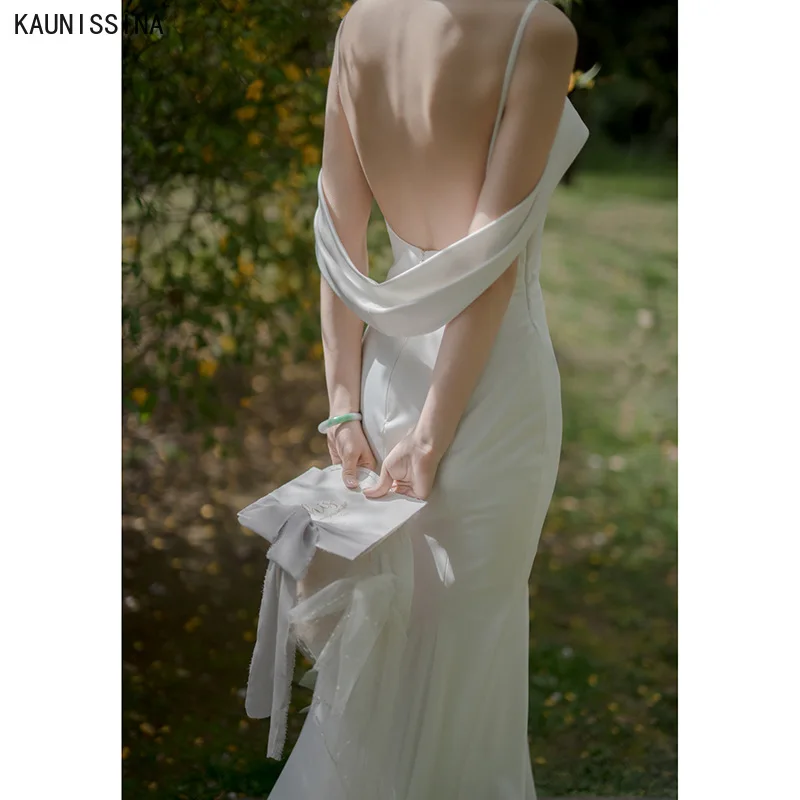 

KAUNISSINA Open Back Wedding Dresses Women Plus Size Sexy White Bridal Gowns Court Train Satin Floor-Length Bride Dress Vestidos