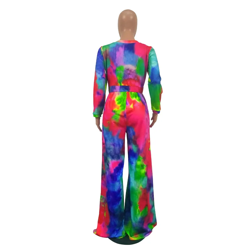 

Colorful Tie Dye Sexy Wide Leg Jumpsuit Women Scoop Neck High Waist One Piece Overalls Causal Long Sleeve Loose Party Bodysuits