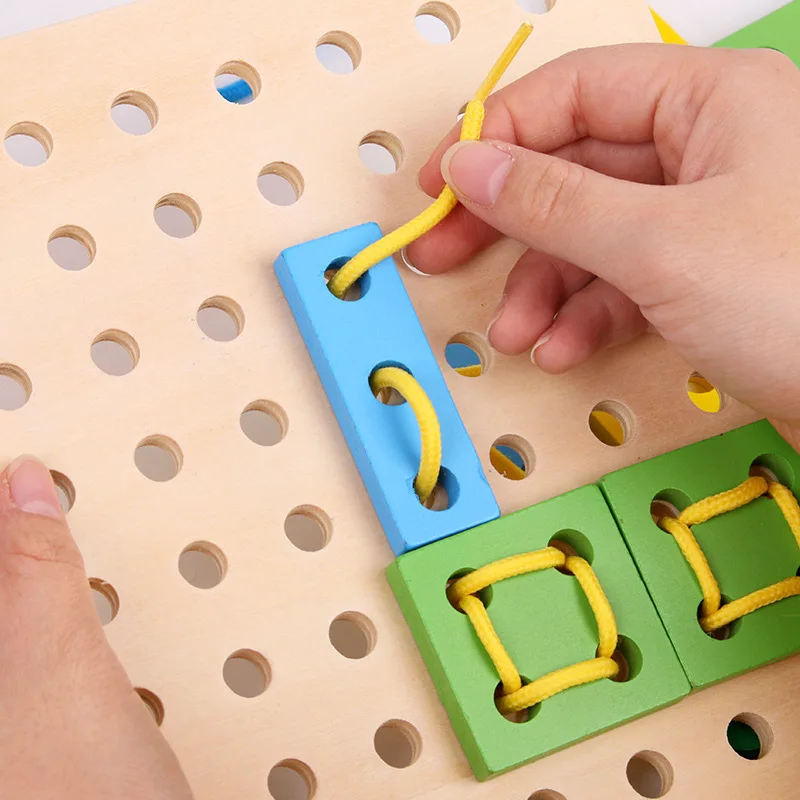 

Wooden Montessori Busy Board Drawstring Geometric Figure For 1 2 3 Years Old Children Creative DIY Game Toy