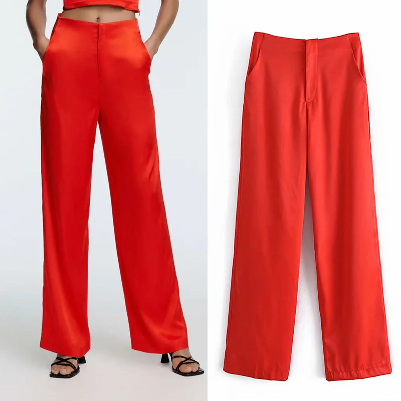 

KUMSVAG Women Summer Casual Straight Pants 2021 ZA High waist Buttons Full Length Pant Female Elegant Street Satin Trousers