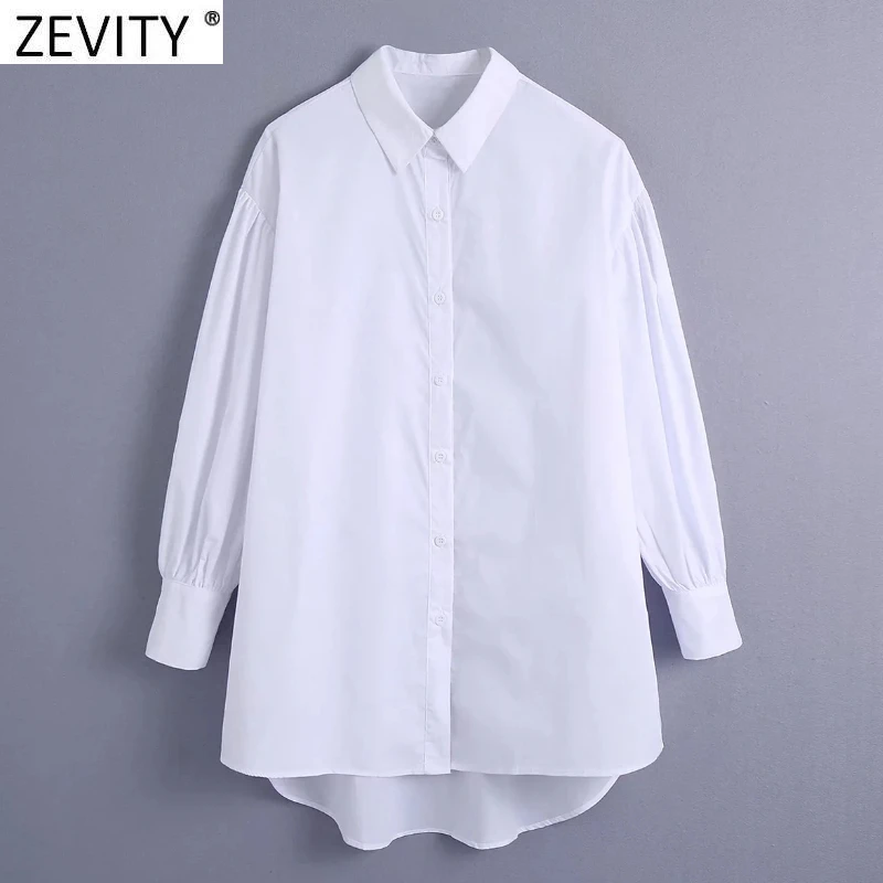 

Zevity Women Fashion Single Breasted White Poplin Smock Blouse Office Lady Business Shirt Chic Hem Irregular Chemise Tops LS9757