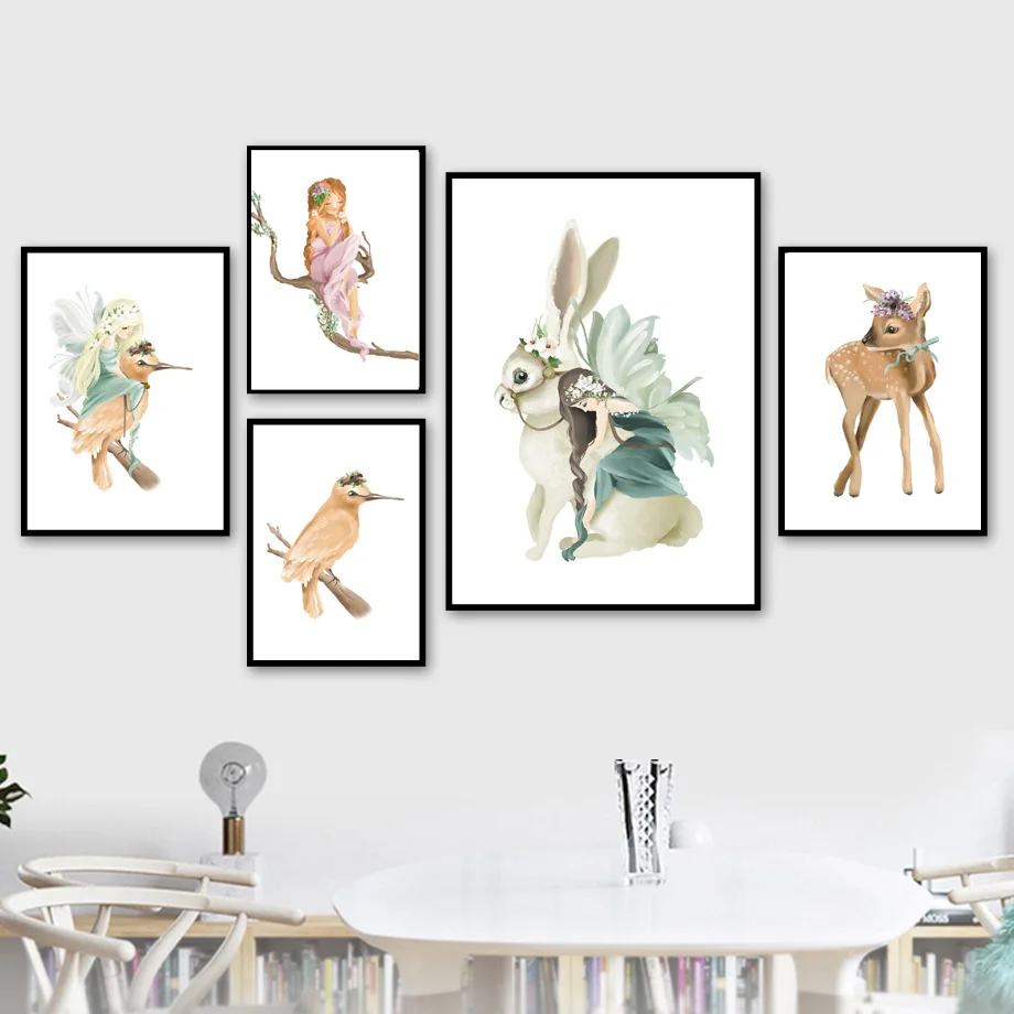 Beauty Girl Flower Wing Bird Tree Rabbit Deer Wall Art Canvas Painting Nordic Posters And Prints Pictures Kids Room Decor | Дом и сад
