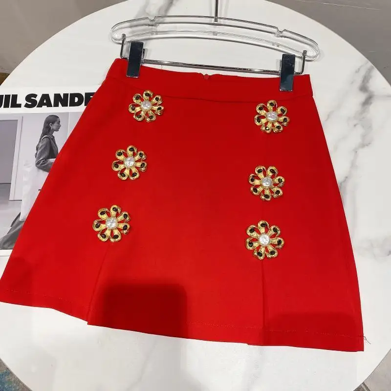 

2021 Spring New Golden Rhinestone Big Flower Design Suit Skirt Bag Hip Skirt Temperament Female
