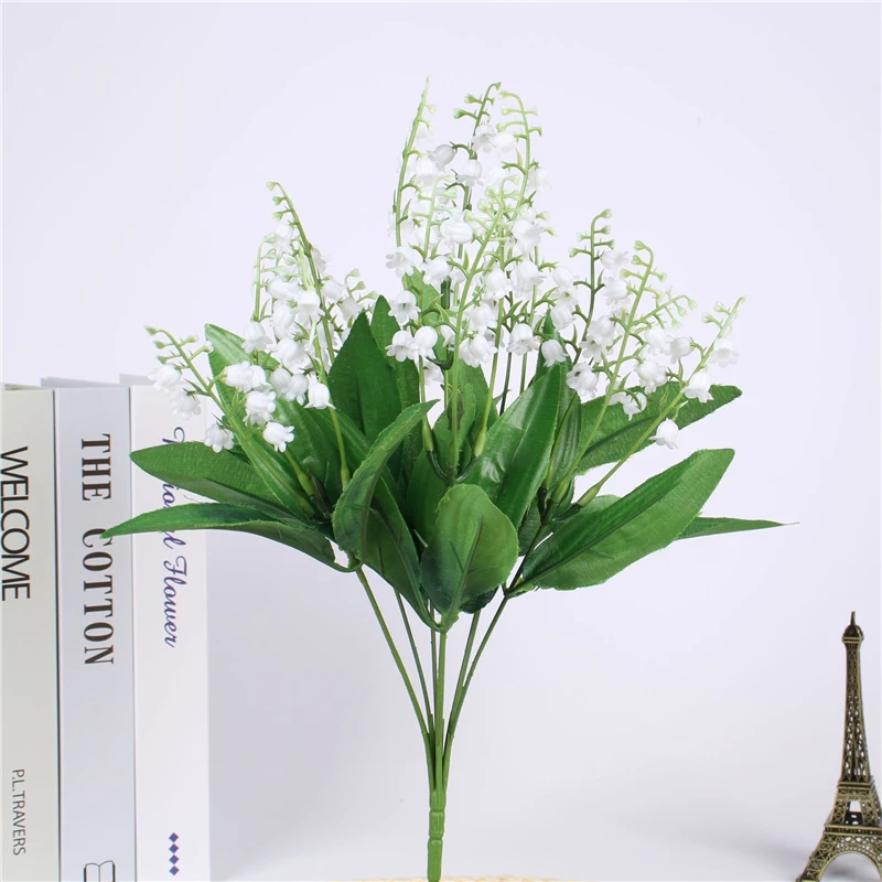 7 branch white artificial lily of the valley flower gift silk fake flower lily bouquet for home office wedding party decor flore free global shipping
