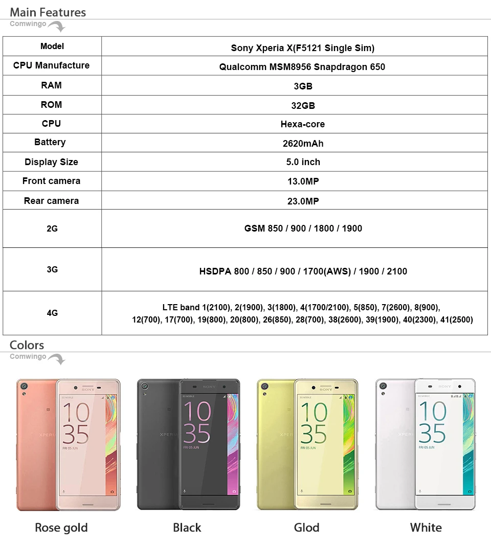 Мобильный телефон sony Xperia X F5121, 3 Гб ОЗУ, 32 Гб ПЗУ, 5,0 дюймов, Android, шестиядерный, камера 23 МП, 2600 мА/ч, с одной sim-картой