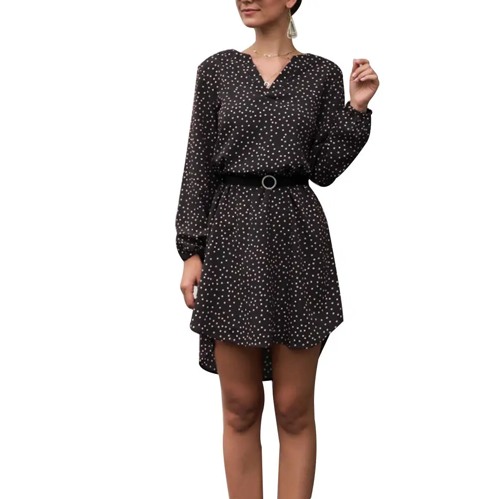 Женское платье в горошек облегающее платье-рубашка с V-образным вырезом и длинным