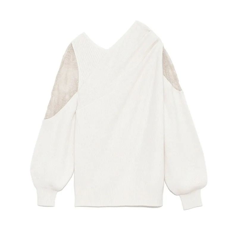 

2021 Spring New Irregular Design Woman Sweaters Fashion Elegant Soft Knitted Tops Sexy Lace Hollow Out Patchwork Pullover