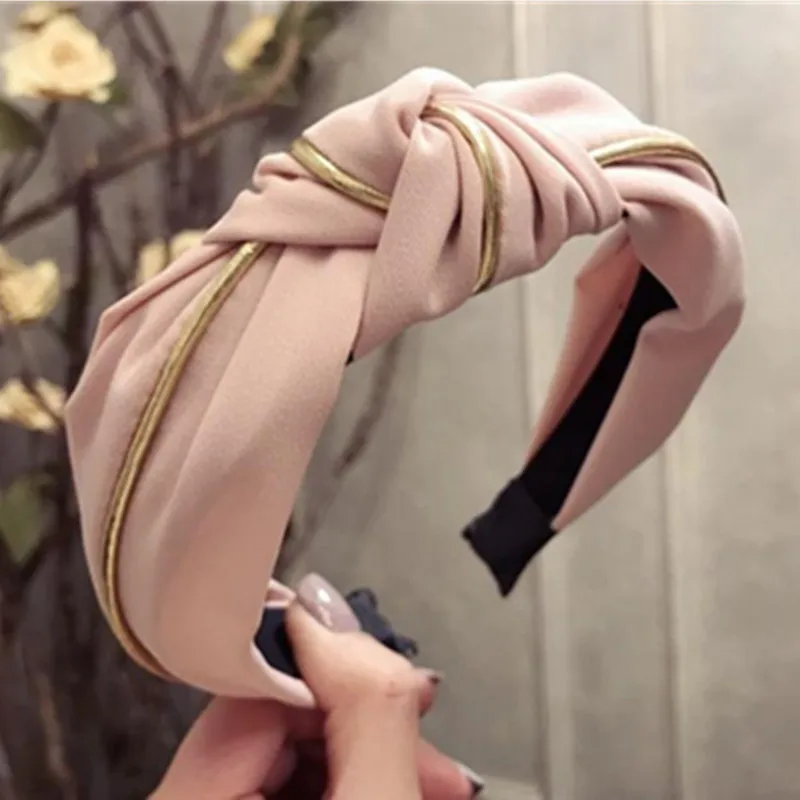 

Pink Knot Hairband for Adults Hair Accessories Handmade Solid Headband with Gold Line Decorated Ladies Party Head Band Hair Hoop