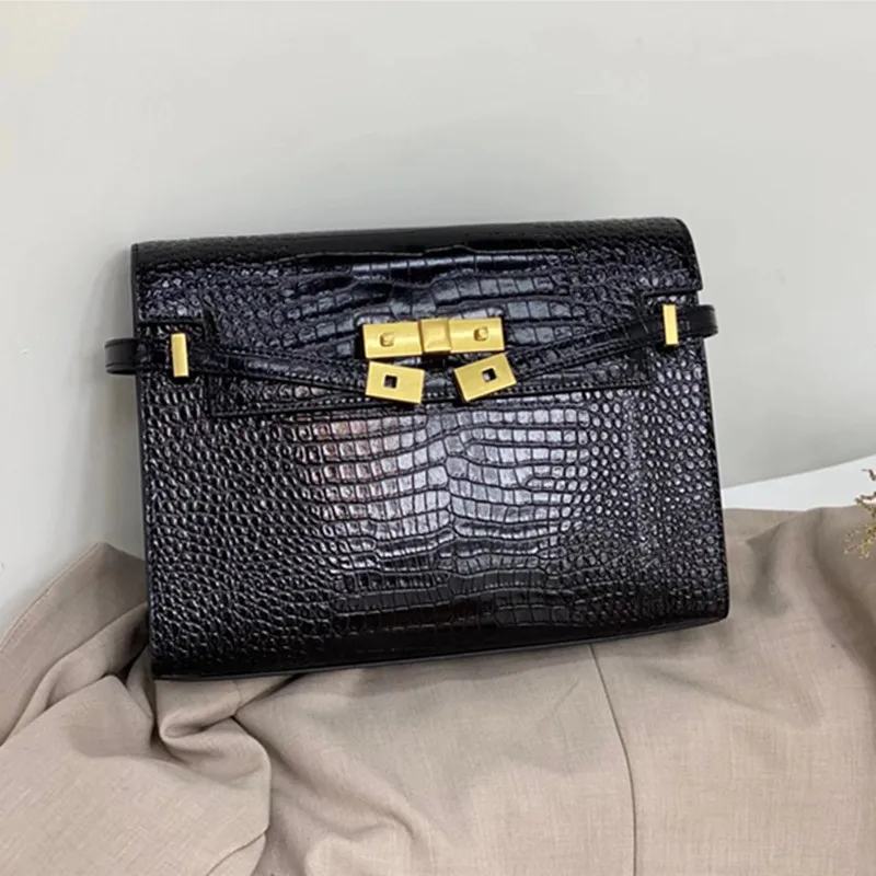 

2022 Brand Same Designer Black Shoulder Bag Crocodile Hard Cowhide Leather Women Crossbody Bag High Qulity Daily Purse 2 Size