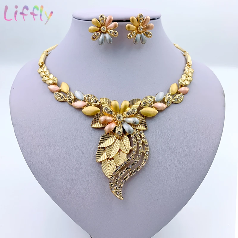 Liffly Nigerian Wedding Bridal Jewelry Luxury Dubai Gold Sets for Women Flowers Necklace African Beads Set | Украшения и