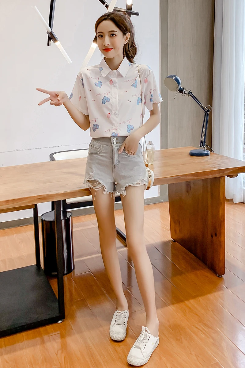 

Houthion Chiffon Slim Women's Blouses New Casual Blouse Fashion short Sleeve Top Love Print Buttons Polo Shirt Summer