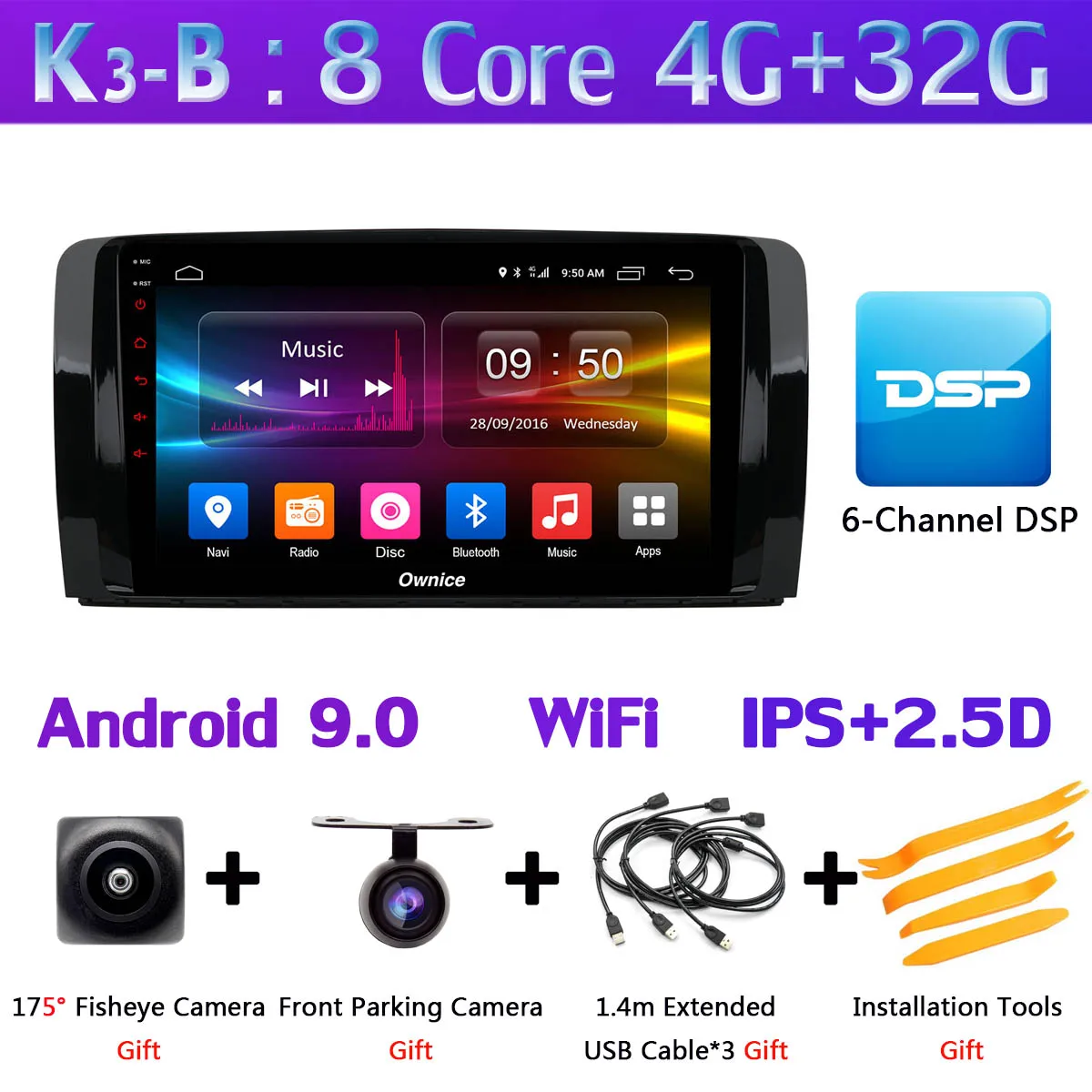 K3-B 1Din 360 ° камера 4G LTE WiFi Android 9,0 4G+ 64G SPDIF DSP CarPlay автомобильный мультимедийный плеер для Mercedes Benz R Class W251 gps радио - Цвет: K3-B