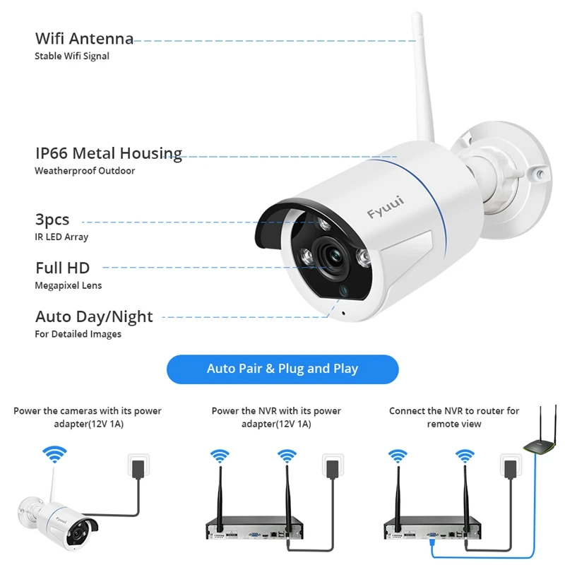 Fyuui 1080P 8CH Беспроводной Wi-Fi видеокамера с Камеры Скрытого видеонаблюдения Системы, H.265+ NVR с 4/8 шт. 2MP пуля Камера 2-М), двусторонняя аудиосвязь, автоматическое соединение