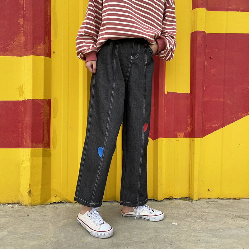 Harajuku Preppy Style Women Jeans Full Length Black Denim Straight Pants For Teenage Girls Ladies Trousers Hit Color |
