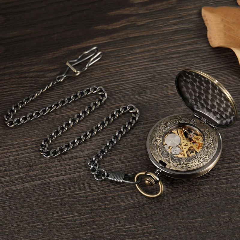Mechanical Pocket Watch Antique Bronze Skeleton Dial Fob Chain Hollow Out Case Hanging Clock with Gift Box for Men Dropshipping