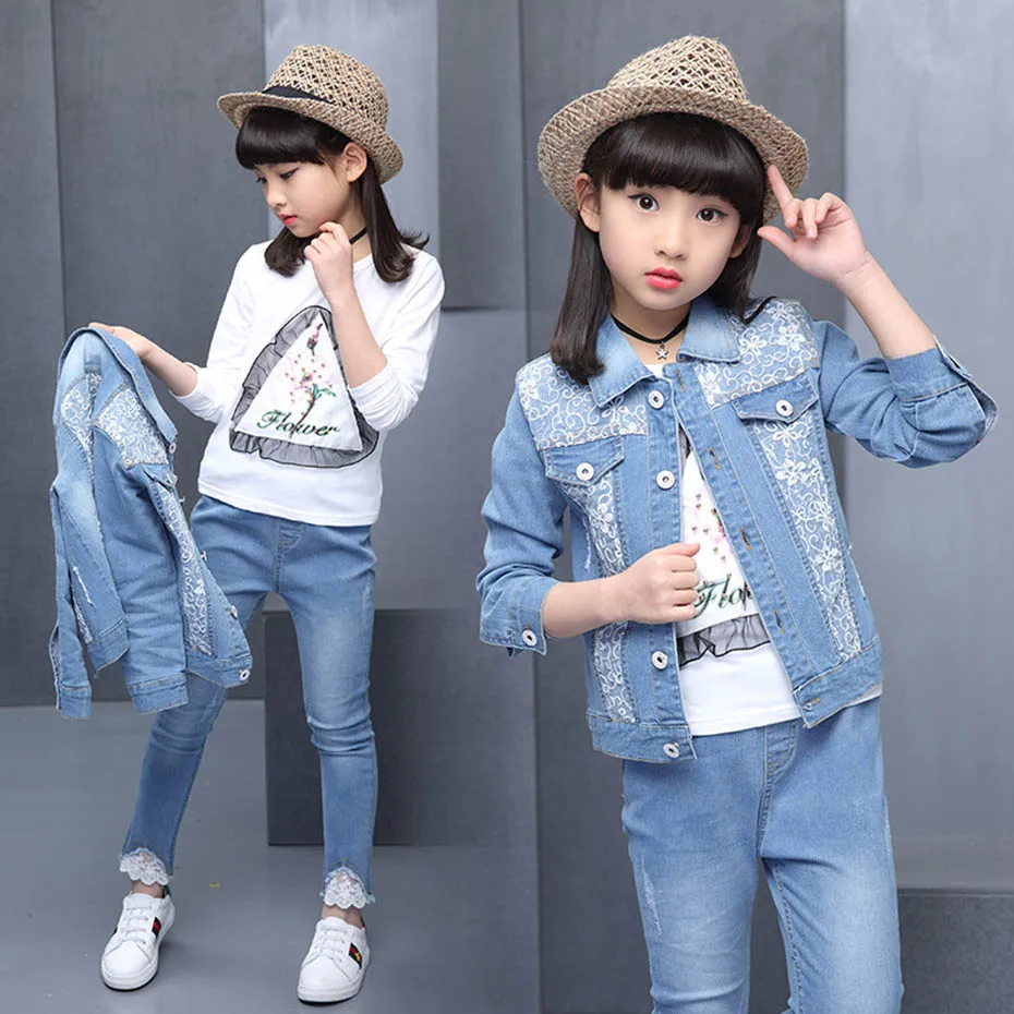 Детская одежда джинсовая куртка с дырками + джинсы футболка 3 шт. для девочек