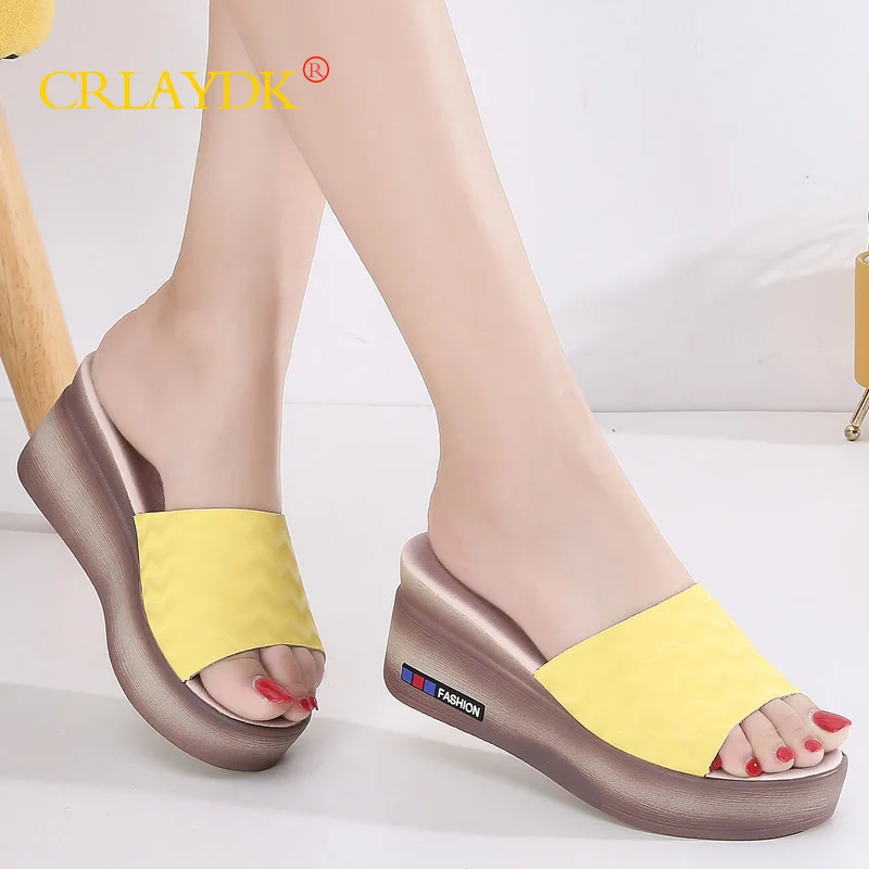 CRLAYDK Women Platform Slippers Outdoor Walking Wave Pattern Leather Open Toe Sandals Wedge Ladies Casual Shoes Claquette Femme