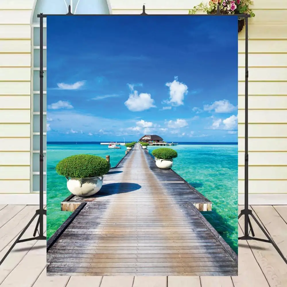 

Blue Sky Scenic Photo Backgrounds Resort In The Lake Travel Style Portrait Self Photography Backdrops