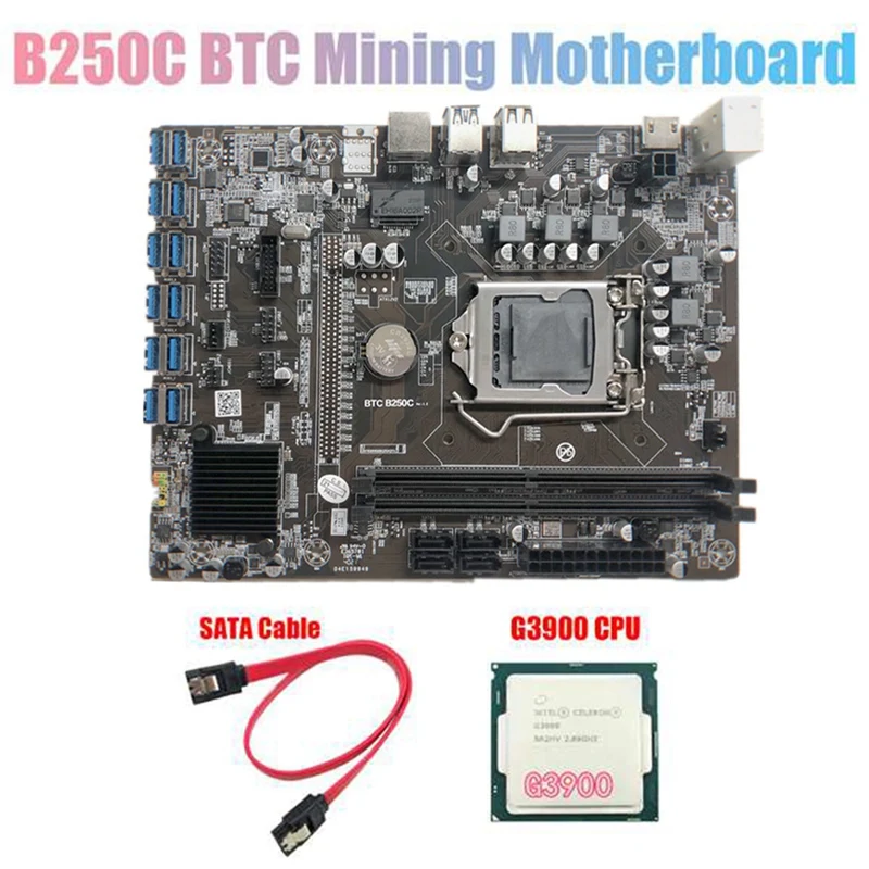 

B250C BTC Mining Motherboard with G3900 CPU+SATA Cable 12XPCIE to USB3.0 Graphics Card Slot LGA1151 Support DDR4 for BTC