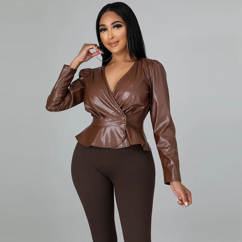 

Sexy Pu Leather Bodycon Tops Long Sleeve Button Up V Neck Y2k Clothes Vintage Women Fall Outfits Club Wear T Shirts Tops