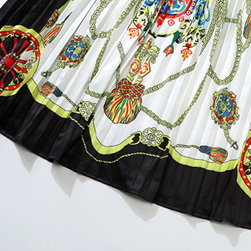 

Ethnic Printed Woman Pleated Dress Turn-down Collar Ladies Elegant Mid Party Dresses OL Slim Print Dress Woman Spring Dress