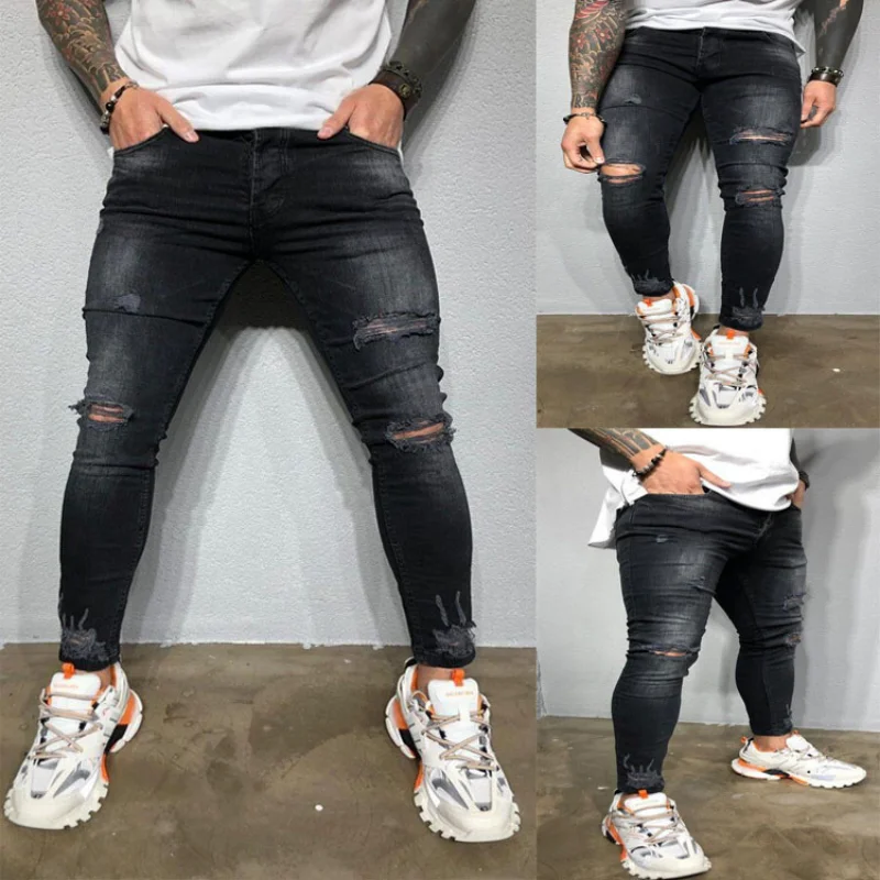 

Men Ripped Skinny Jeans High Quality Black Patchwork Biker Pencil Pants Locomotive Denim Pants Streets Hip Hop Cowboy Trousers