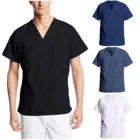 Униформа медсестры, Мужская одежда, летняя хлопковая футболка с коротким рукавом и V-образным вырезом, рабочая одежда, однотонная мужская туника с карманами