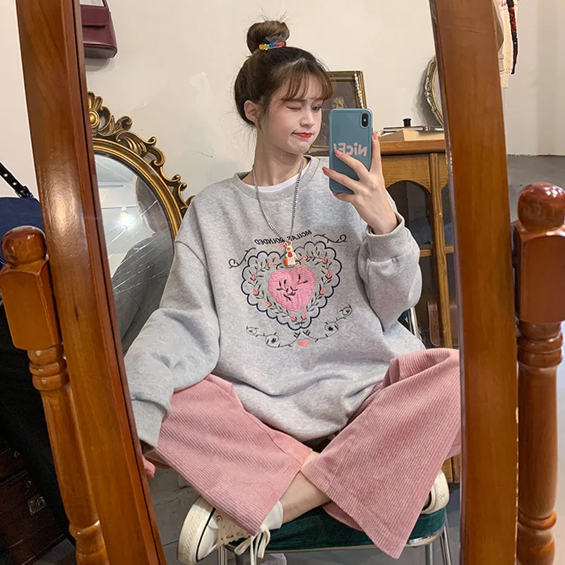 

Harajuku New Korean Style Sweatshirt Women Love Printed Casual Sweet Pink Wide Leg Pants Two-piece Set Oversized Hoodies Women