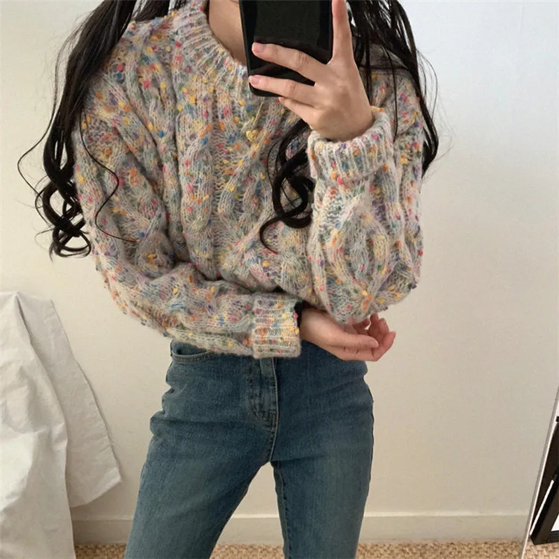 Knitted Twist Sweater Women Candy Color Dot Vintage Pullover O Neck Long Sleeve Autumn Clothes Ropa Mujer Francais Harajuku | Женская