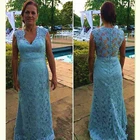 Светильник-голубое кружевное платье для матери невесты длиной до пола с V-образным вырезом и рукавом-крылышком Длинные платья для свадебной вечеринки вечерние коктейльные платья