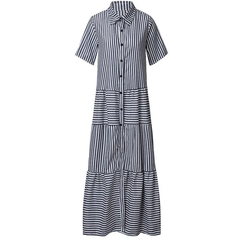 

Summer women's shirt collar button long skirt striped dress