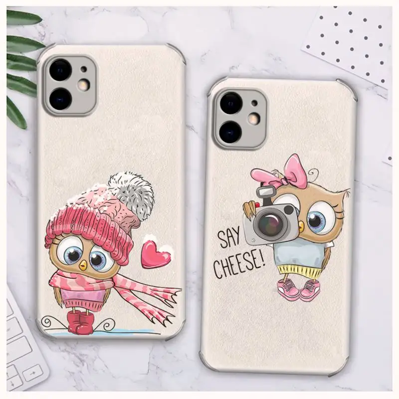 

Owl Cute cartoon animal Phone Case Lambskin Leather For iphone 12 11 8 7 6 XR X XS PLUS MINI PLUS PRO MAX Shockproof