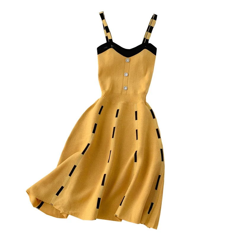 

Elegant Women's Sexy V-neck A-Line Gallus Mixed Colors Sleeveless Camisole Dresses Knitted Sweater Dress Mujer Vestido