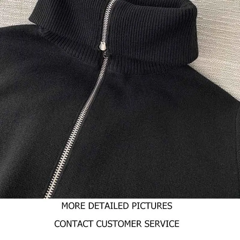

Cosmicchic Women Jacket Wool Zipper Coat Knitted Cardigan Black Double Zipper Casual Vintage Turn Down Collar Sweater Coat