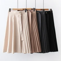 women summer pleated midi skirt casual solid elastic waist office ladies elegant a line skirt