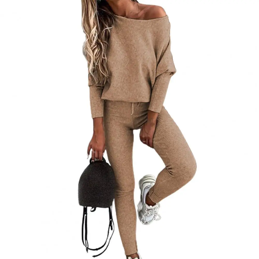 

1 Set Women Blouse Pants Set Solid Color Drawstring Autumn Winter Slanted Neck Sweatshirt Mid Waist Sweatpants for Daily Wear