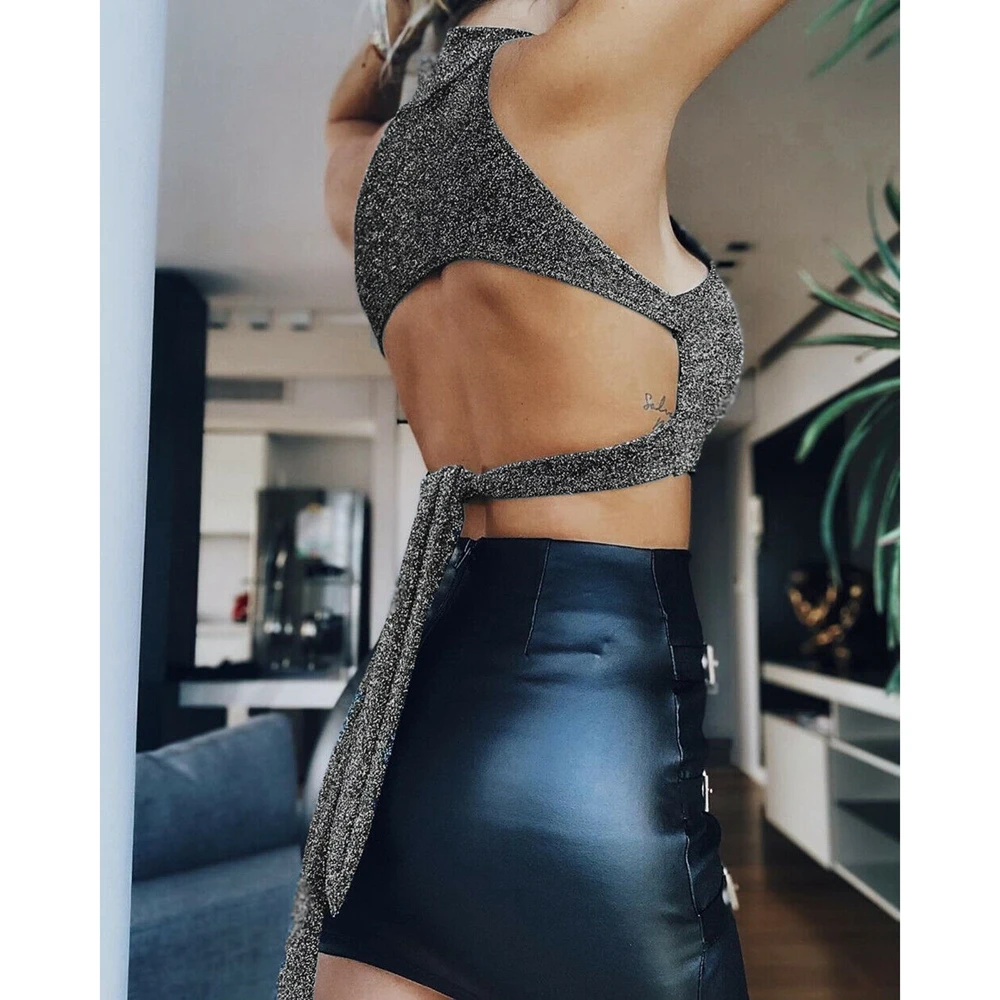 Женский бюстгальтер с блестками и бантом без косточек открытой спиной вырезом