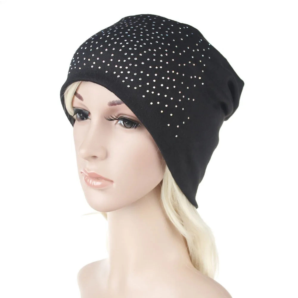 Модные зимние женские шапки с жемчугом одноцветные бини мягкие теплые хлопковые