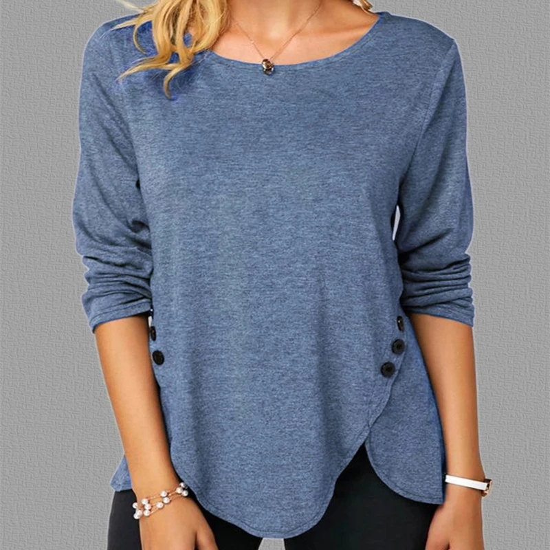 

Autumn hot style 2020 new irregular button hem long sleeve round neck plus size T-shirt harajuku Cotton Acrylic Casual Solid